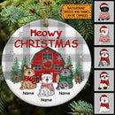 Meowy Christmas Grey And White Plaid Circle Ceramic Ornament - Personalized Cat Lovers Decorative Christmas Ornament