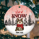 Let It Snow Plaid Tree Pink Wooden Circle Ceramic Ornament - Personalized Cat Lovers Decorative Christmas Ornament
