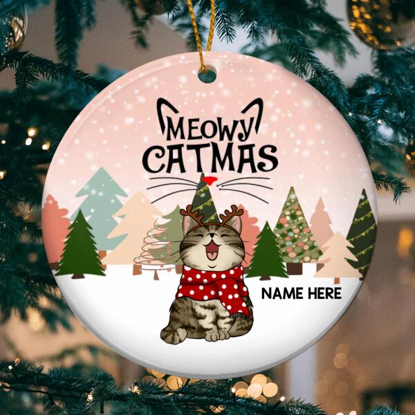 Personalised Meowy Catmas Snowy Pink V1 Circle Ceramic Ornament - Personalized Cat Lovers Decorative Christmas Ornament