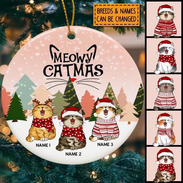 Personalised Meowy Catmas Snowy Pink V1 Circle Ceramic Ornament - Personalized Cat Lovers Decorative Christmas Ornament