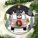 Personalised Merry Christmas Pink Truck Circle Ceramic Ornament - Personalized Cat Lovers Decorative Christmas Ornament