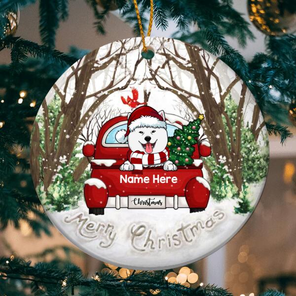 Personalised Merry Xmas Dogs On Red Car Circle Ceramic Ornament - Personalized Dog Lovers Decorative Christmas Ornament