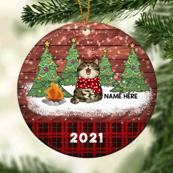 Personalised Snowy Xmas Cat Red Plaid Circle Ceramic Ornament - Personalized Cat Lovers Decorative Christmas Ornament