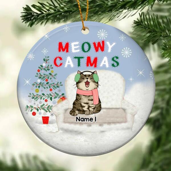 Meowy Catmas Cat On Sofa Blink Circle Ceramic Ornament - Personalized Cat Lovers Decorative Christmas Ornament