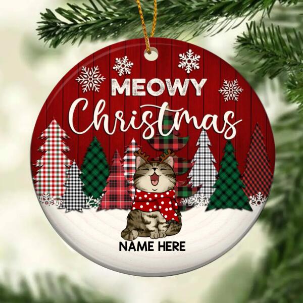 Meowy Christmas Circle Ceramic Ornament, Cats With Colors Checkered Pattern Pine Tree, Personalized Cat Lovers Christmas Decorative Ornament