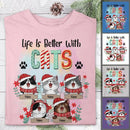 Life Is Better With Cats, Xmas Cat With Floral Background, Personalized Cat Christmas T-shirt