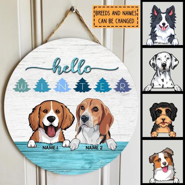 Hello Winter, Dog With Letters On Pine, Personalized Dog Door Sign