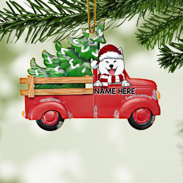 Red Truck With Pine Tree, Christmas Shape Shaped Wooden Ornament, Personalized Dog Lovers Decorative Christmas Ornament