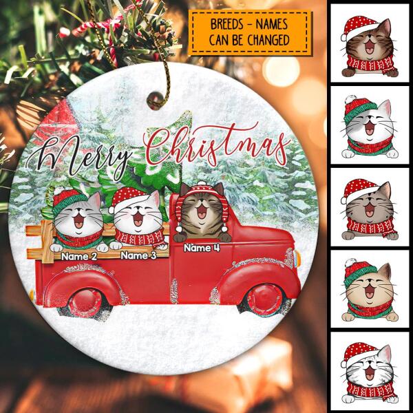 Merry Christmas Circle Ceramic Ornament, Cat With Red Truck And Pine Tree, Personalized Cat Lovers Decorative Christmas Ornament