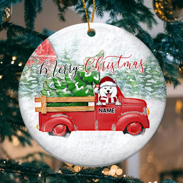 Merry Christmas Circle Ceramic Ornament, Dog With Red Truck And Pine Tree, Personalized Dog Lovers Decorative Christmas Ornament