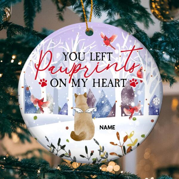 You Left Pawprints On My Heart Circle Ceramic Ornament, Red Cardinal And Winter Forest, Personalized Angel Cat Decorative Christmas Ornament