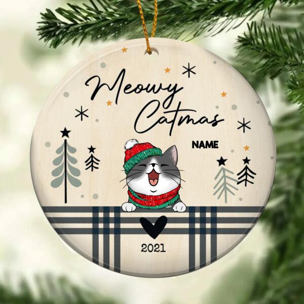Meowy Catmas, Plaid Bauble, Circle Ceramic Ornament, Personalized Cat Breeds Ornament, Xmas Gifts For Cat Lovers