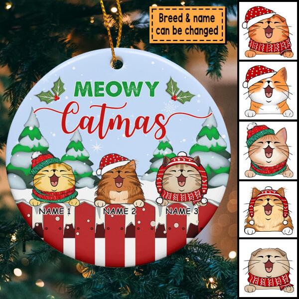 Meowy Catmas, Winter Bauble, Personalized Cat Breeds Ornament, Circle Ceramic Ornament, Xmas Gifts For Cat Lovers