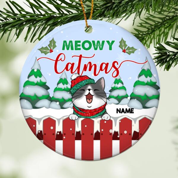 Meowy Catmas, Winter Bauble, Personalized Cat Breeds Ornament, Circle Ceramic Ornament, Xmas Gifts For Cat Lovers