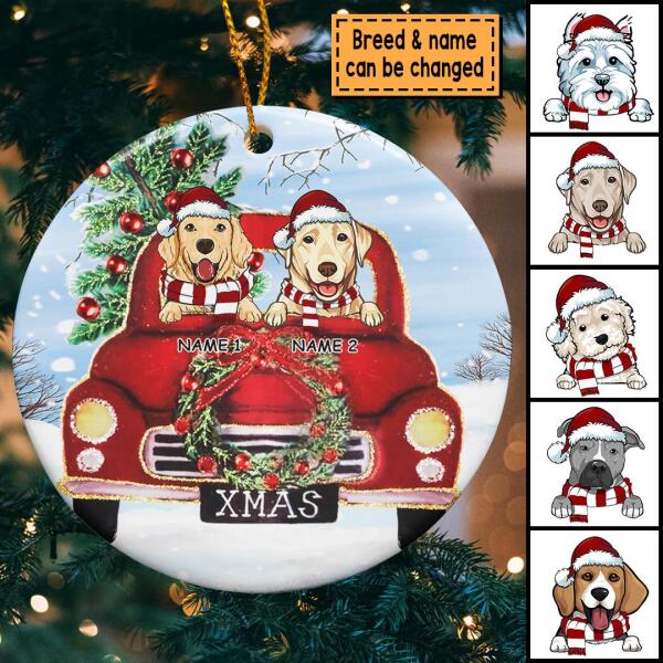 X-mas Dog In Red Truck Circle Ceramic Ornament, Personalized Dog Lovers Decorative Christmas Ornament