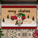 Meowy Christmas, Red Truck And Christmas Tree, Personalized Cat Breeds Doormat, Xmas Home Decor