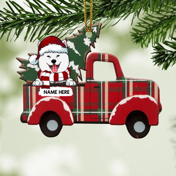 Cute Dog On Red Truck Shaped Wooden Ornament, Personalized Dog Lovers Decorative Christmas Ornament