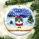 Snowy String Lights Blue Sky Circle Ceramic Ornament, Personalized Cat Lovers Decorative Christmas Ornament