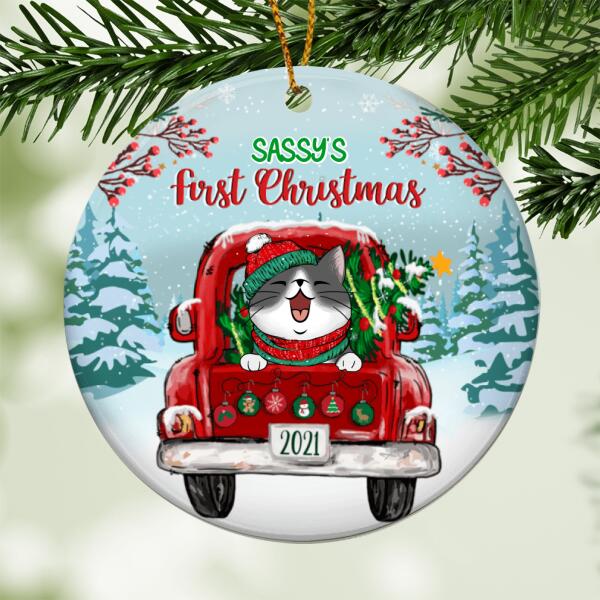 Cat 1st Christmas, Red Truck Circle Ceramic Ornament, Personalized Cat Breeds Ornament, Cat Lovers Gifts