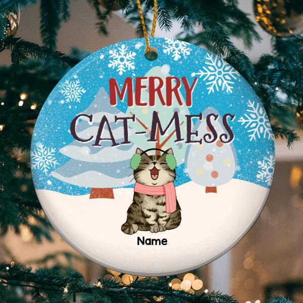 Merry Cat-mess, Winter Forest & Snowflake, Personalized Cat Breeds Circle Ceramic Ornament, Cat Lovers Gifts