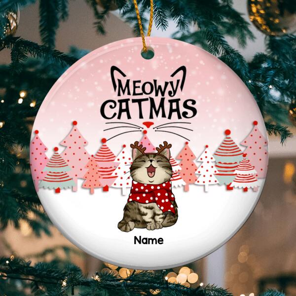 Meowy Catmas, Pine Forest Circle Ceramic Ornament, Personalized Cat Breeds Ornament, Xmas Gifts For Cat Lovers