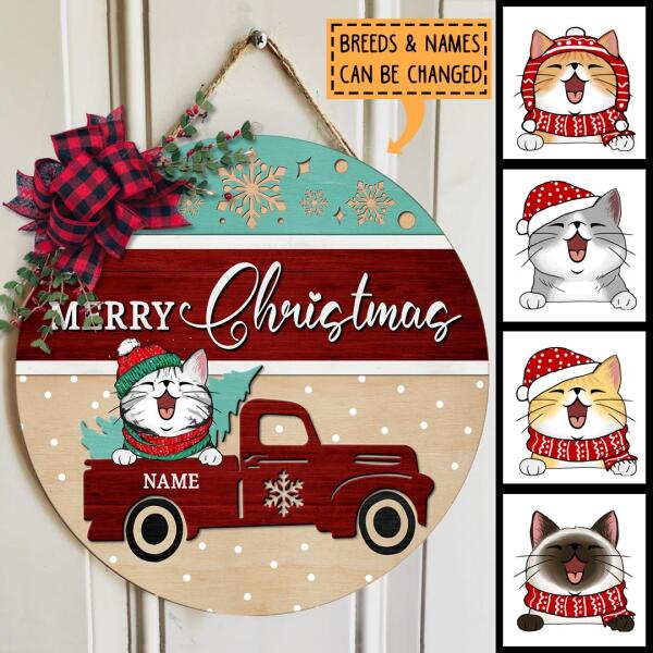 Merry Christmas, Vintage Truck Rustic Door Hanger, Personalized Cat Breed Door Sign