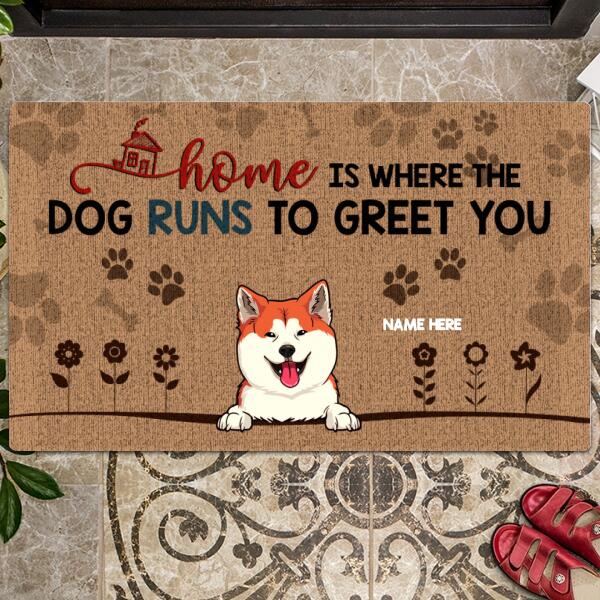 Home Is Where The Dogs Run To Greet You, Pawprints And Flowers, Personalized Dog Breeds Doormat