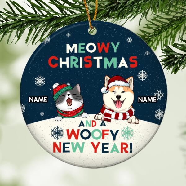 Meowy Christmas And A Woofy New Year, Snow Circle Ceramic Ornament, personalized Cat & Dog Ornament
