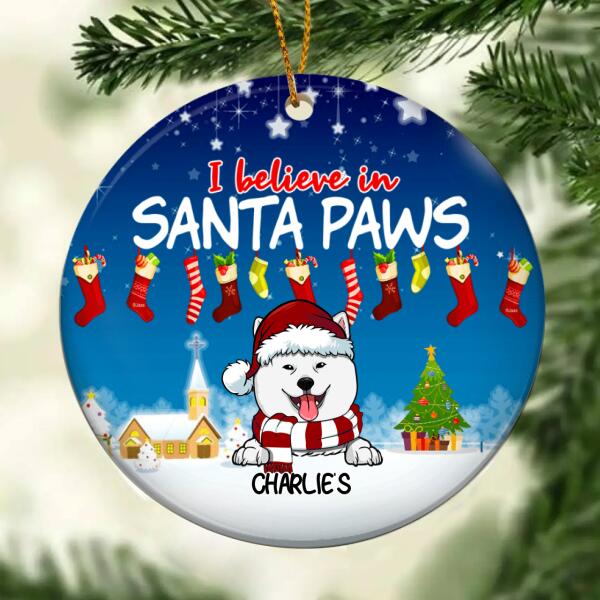 I Believe in Santa Paws Circle Ceramic Ornament, Blue Night Sky, Personalized Dog Lovers Decorative Christmas Ornament