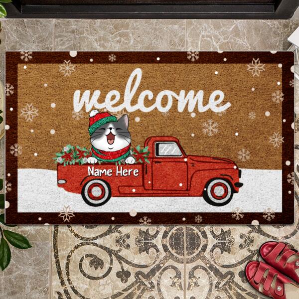 Welcome Cat On The Red Truck Snow, Personalized Cat Christmas Doormat