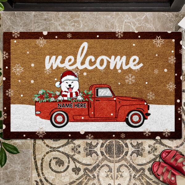 Welcome Dog On The Red Truck Snow, Personalized Dog Christmas Doormat