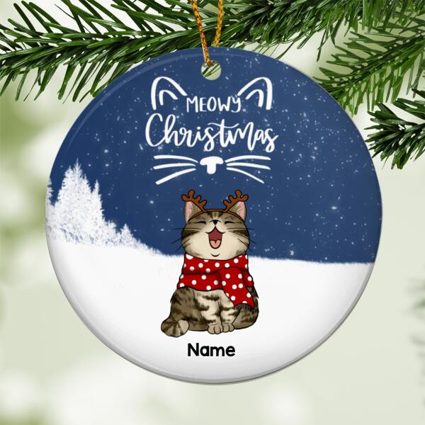 Meowy Christmas, Snowflake & Winter Forest Circle Ceramic Ornament, Personalized Christmas Cat Breeds Ornament