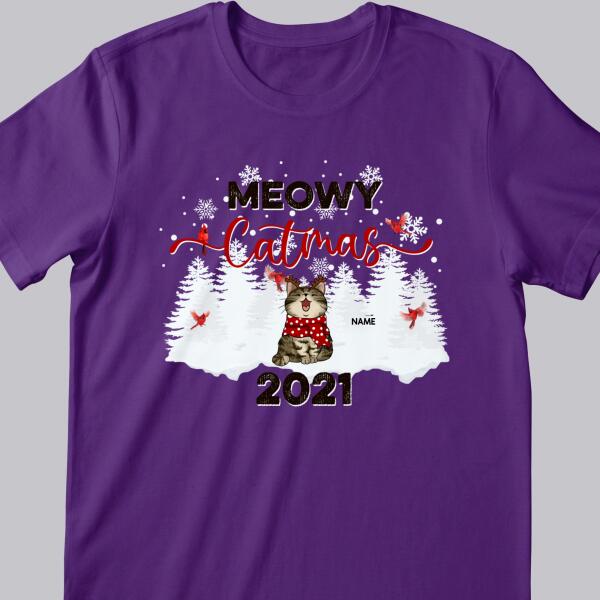 Meowy Catmas, Pine Forest & Cardinal Birds, Personalized Cat Breeds T-shirt, T-shirt For Cat Lovers