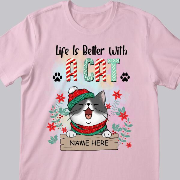 Life Is Better With Cats, Xmas Cat With Floral Background, Personalized Cat Christmas T-shirt