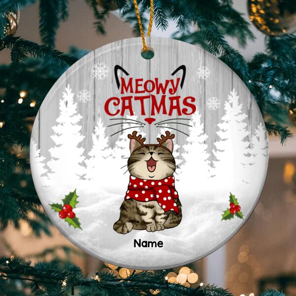 Meowy Catmas, White Christmas Tree Circle Ceramic Ornament, Personalized Cat Breeds Ornament