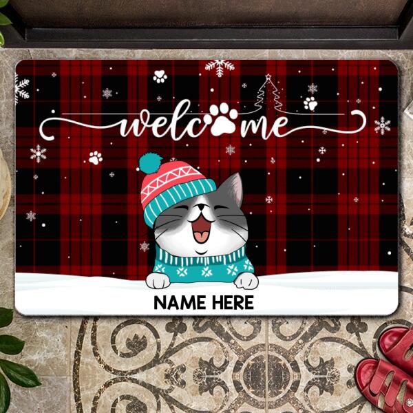 Welcome Christmas Cat Plaid, Christmas Gifts For Cat Lovers, Personalized Cat Breeds Doormat