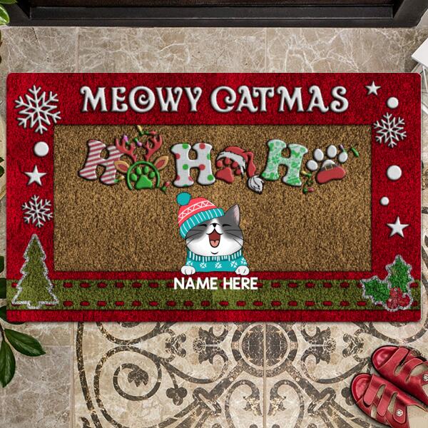 Meowy Catmas Happy, Dark Red Frame, Personalized Cat Christmas Doormat