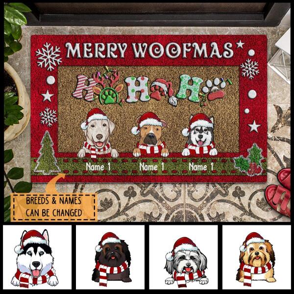Merry Woofmas Happy, Dark Red Frame, Personalized Dog Christmas Doormat