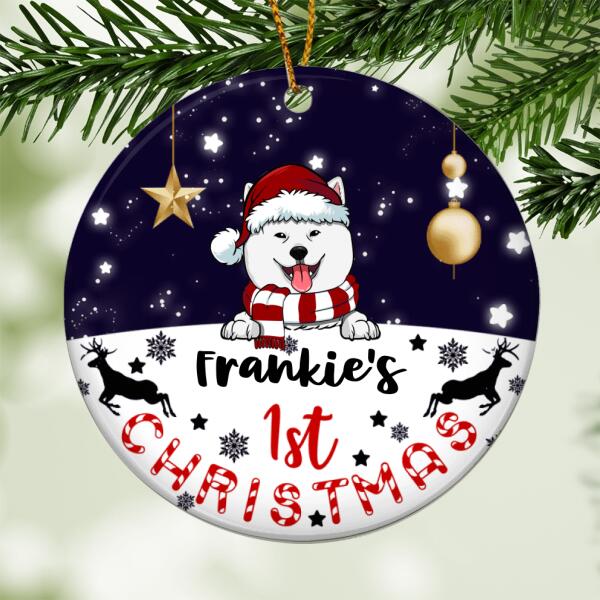 Dog 1st Christmas, Little Stars Circle Ceramic Ornament, Personalized Christmas Dog Breed Ornament