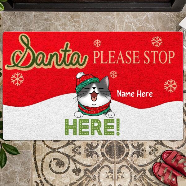 Santa Please Stop Here, Red & White Background, Personalized Cat Christmas Doormat