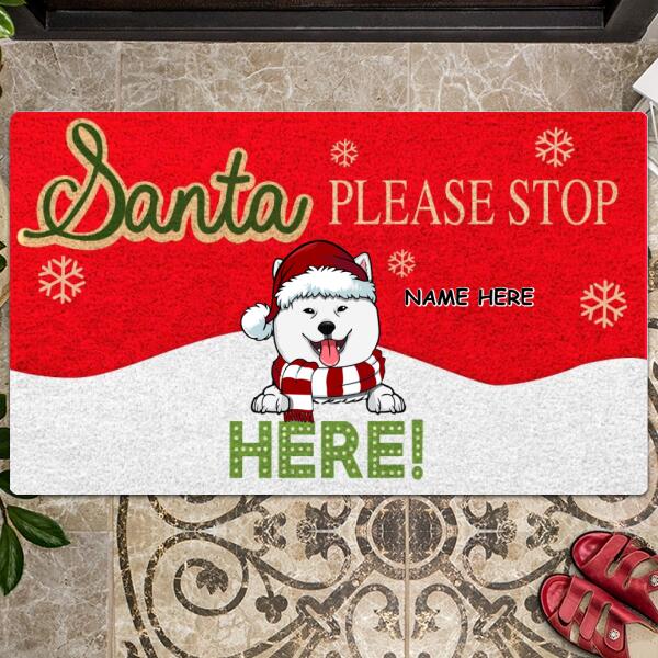 Santa Please Stop Here, Red & White Background, Personalized Dog Christmas Doormat