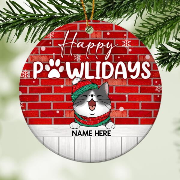 Happy Pawlidays, Brick Wall Circle Ceramic Ornament, Personalized Cat Breeds Ornament, Xmas Gifts For Cat Lovers