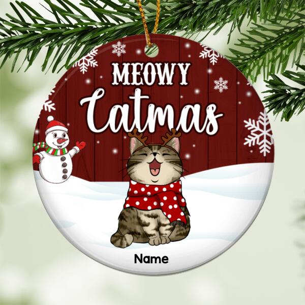 Meowy Catmas, Snowman Circle Ceramic Ornament, Personalized Christmas Cat Breeds Ornament