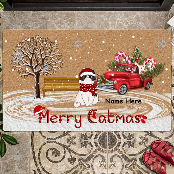 Merry Catmas, Red Truck Car And Gold Color Bench And Snow Tree, Personalized Cat Lovers Christmas Doormat
