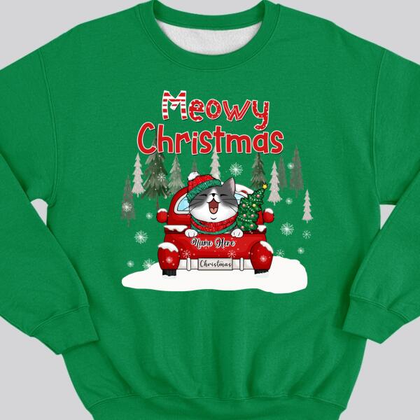Meowy Christmas, Christmas Tree & Red Truck, Personalized Cat Breeds Sweatshirt, Sweatshirt For Cat Lovers
