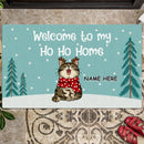 Welcome To Our Ho Ho Home, Turquoise Pastel Background, Personalized Cat Christmas Doormat