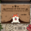 Beware Of The Dogs Not Responsible For Injury Or Death, Peeking From Curtain, Personalized Dog Breeds Doormat
