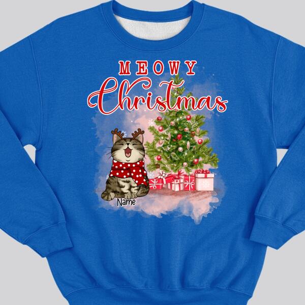 Meowy Christmas, Christmas Tree & Gifts, Personalized Cat Breeds Sweatshirt, Sweatshirt For Cat Lovers