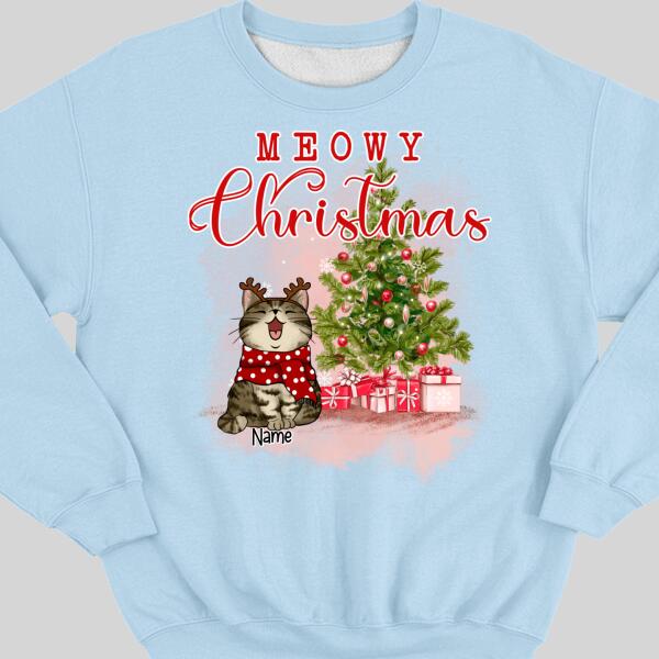 Meowy Christmas, Christmas Tree & Gifts, Personalized Cat Breeds Sweatshirt, Sweatshirt For Cat Lovers