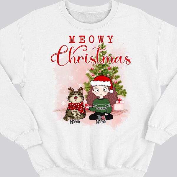 Meowy Christmas, Girl & Cat, Personalized Girl & Cat Breeds Sweatshirt, Sweatshirt For Cat Lovers